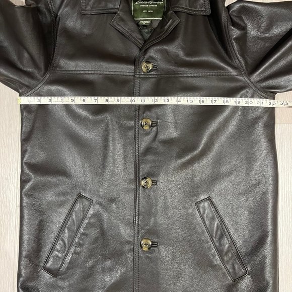 EDDIE BAUER MENS Medium Dark Brown Genuine LEATHER Button Down QuiltLined JACKET - Picture 11 of 15